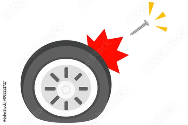 Obraz 釘が刺さったパンクタイヤのフラットイラスト