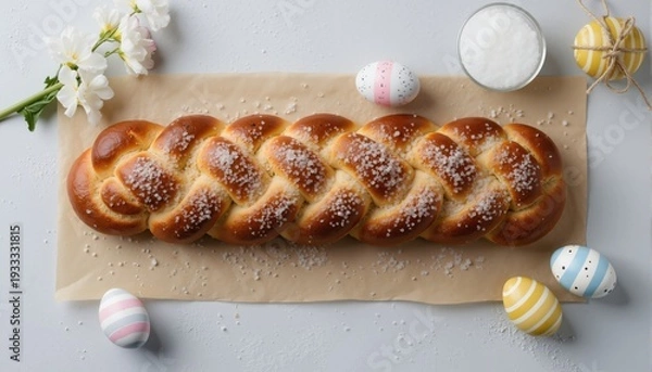 Obraz Easter plait, coarse sugar and Easter eggs, from above
