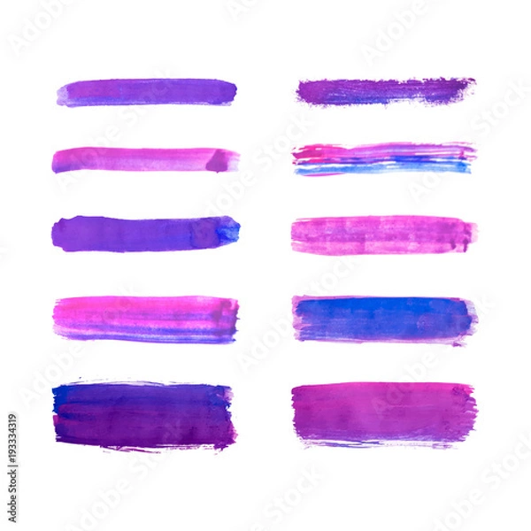 Fototapeta Set of blue and purple hand drawn paint, ink brush strokes, brushes, lines watercolor isolated on white background