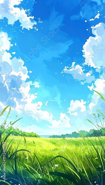 Obraz 草原と青空が広がる爽やかな自然の風景　水彩画風イラスト