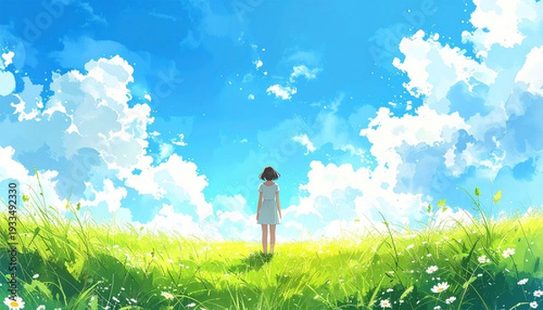 Obraz 草原に立つ後ろ姿の女性と青空　水彩画風イラスト