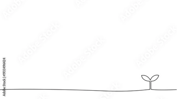 Obraz 地面から芽を出した双葉の一筆書きの線画。一本の黒い糸が植物の成長を表現したデザイン。編集可能なベクター素材。右端に植物のシンボルをさりげなく添えたイラスト