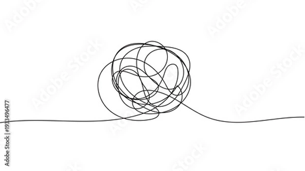 Obraz 一本の黒い糸がぐちゃぐちゃに絡まった一筆書きのデザイン。不安や混乱、鬱や心配の表現。編集可能なベクター素材