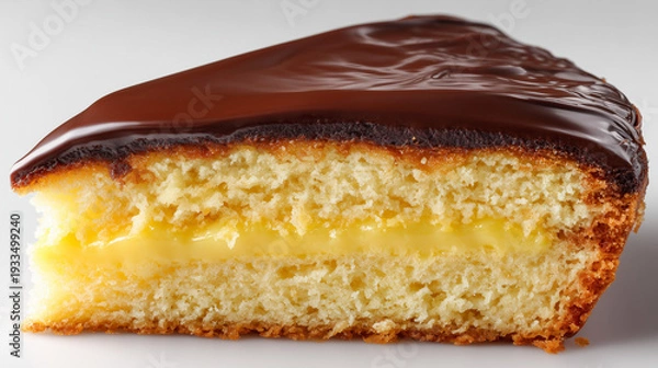 Obraz 艶やかなチョコレートをコーティングしカスタードクリームをサンドしたスポンジケーキのカット