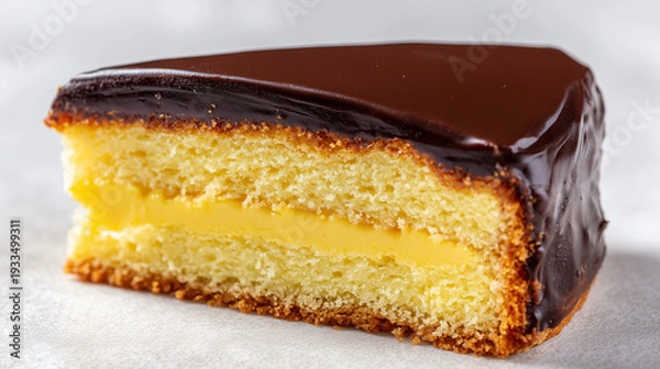 Obraz 濃厚なチョコとしっとりとしたスポンジでカスタードを挟んだ贅沢なショコラケーキの断面