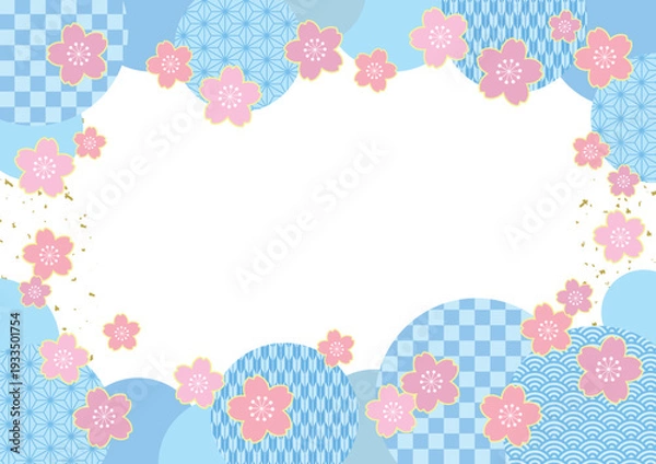 Obraz 桜の花と和柄サークルの春らしい和風フレームポストカード/ブルー