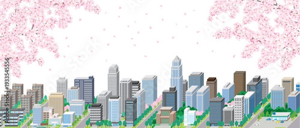 Obraz 桜が咲く春の街並みのイラスト.