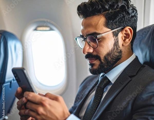 Obraz 機内でスマホ操作の男性