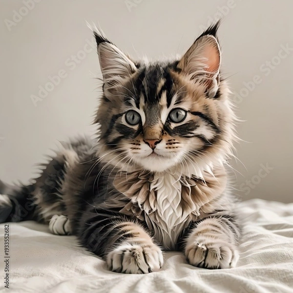 Obraz 寝そべるメインクーンの子猫のかわいい表情