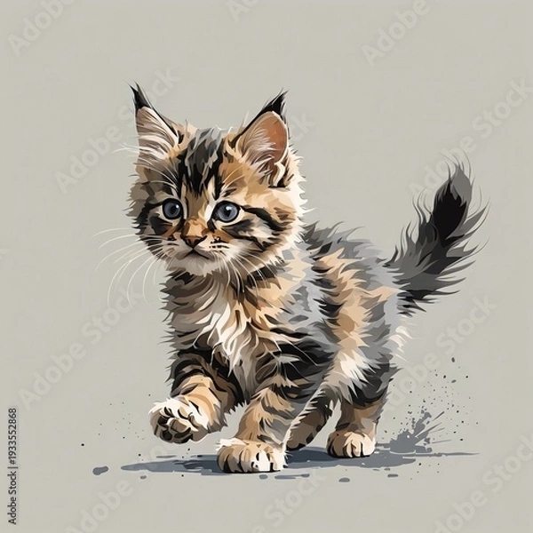 Obraz メインクーンの子猫が走る躍動感があるイラスト