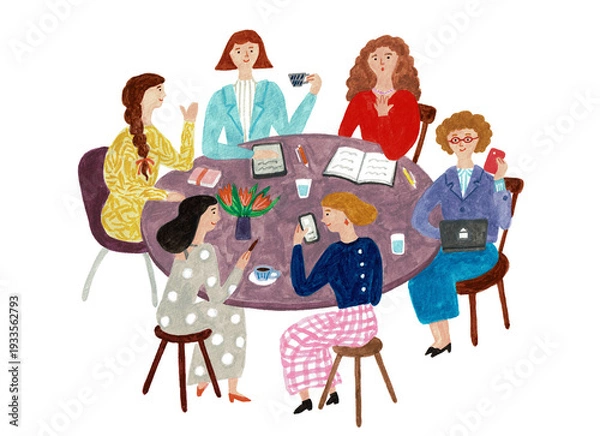 Fototapeta デジタルデバイスを活用して意見交換する女性チームの会議イラスト
