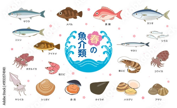 Obraz 春の魚介類セット｜旬の魚と貝・イカ・エビのベクターイラスト素材（和風・食材アイコン）