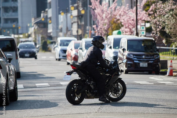 Obraz 春の名城公園の路上で駐車する車の列とバイクを乗る若い男性の姿