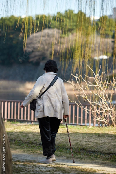 Obraz 春の公園で散歩するシニア女性の姿