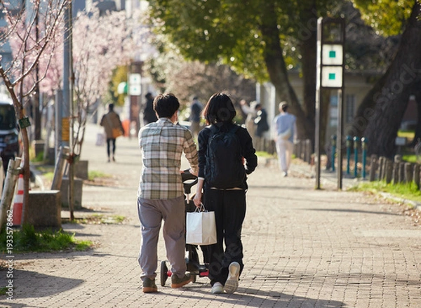Obraz 春の名城公園でベビーカーを持って散歩する若い夫婦の姿