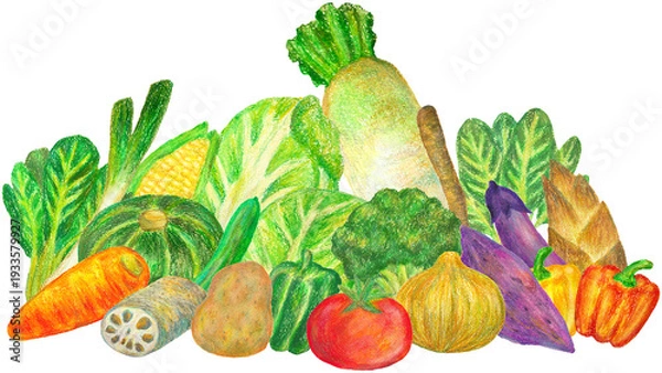 Obraz 山盛りの野菜のイラスト オイルパステル画