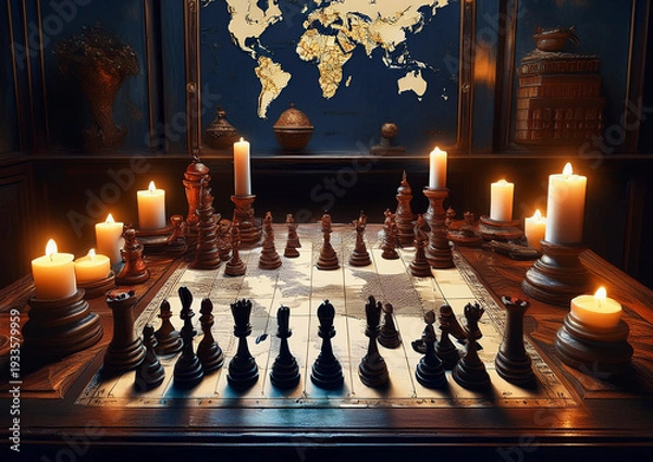 Obraz 地図の上でチェスをする　様々な大きさの蝋燭の炎が燃える