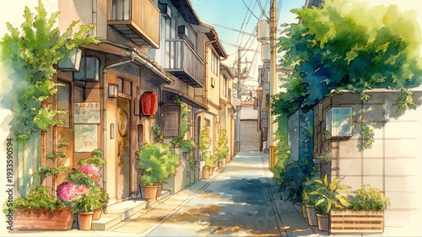 Obraz 細い通りが続く住宅街の路地裏を描いた水彩風景イラスト、建物と植物が並ぶ生活感ある街並み、昭和レトロ、懐かしい日常、散歩道の空気感を表現、動画制作や広告ビジュアルに使える背景素材