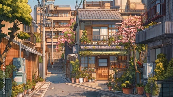 Obraz 細い路地と建物が続く住宅街の水彩風景イラスト、玄関前の鉢植えや静かな通りの空気感を描写、昭和レトロ、ノスタルジー、日常生活、散歩道をイメージ、動画サムネイルや広告背景に使える街並み素材