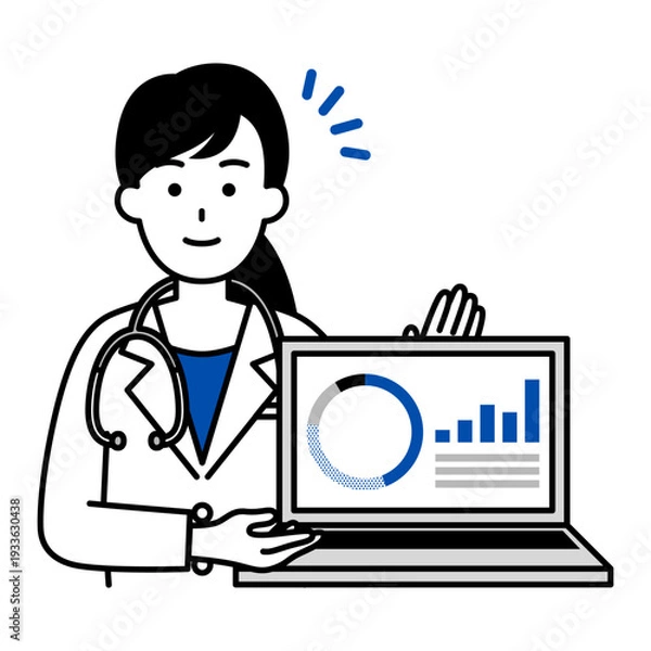 Obraz ノートパソコンの画面でグラフを見せる医師の女性