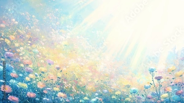 Obraz 降り注ぐ春の光の中でパステルブルーとピンクの小花が揺れる草原の風景。