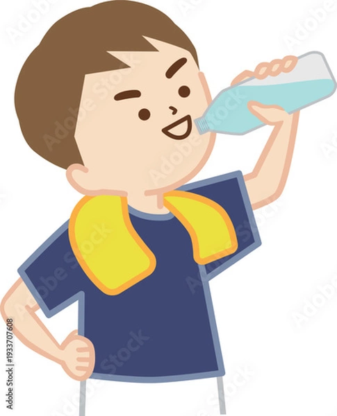 Obraz 首にタオルを巻いて腰に手を当て、笑顔で水分補給をする少年(上半身)