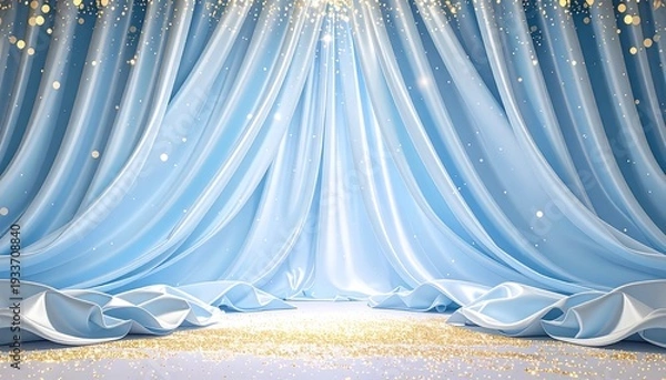 Obraz 輝くアイスブルーのカーテンと黄金の粒子が舞う清廉なイベントステージ背景