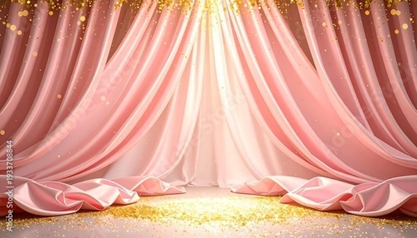 Obraz 上品なパステルピンクのカーテンと黄金の輝きが彩るエレガントなステージ背景
