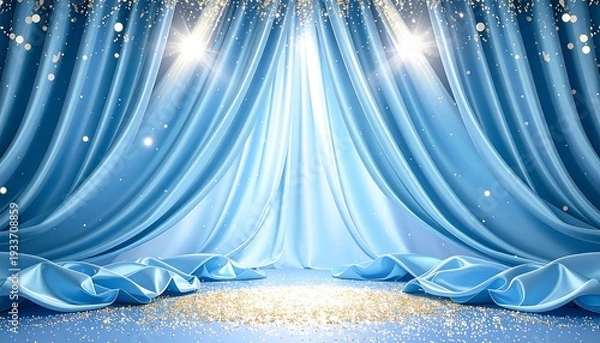Obraz 爽やかなスカイブルーのカーテンと煌めく光のシャワーが彩る幻想的なステージ