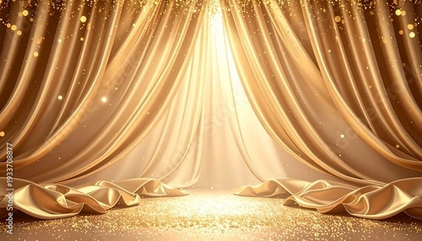 Obraz 気品あふれるシャンパンゴールドの幕と光のシャワーが彩るエレガントな背景