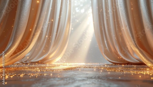 Obraz 最高級のブライダルシーンを演出するオフホワイトのドレープと眩いスポットライト