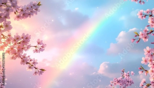 Obraz 祝福の雨上がりに輝く七色の虹と舞い散る光の粒子が溶け合う桜の聖域