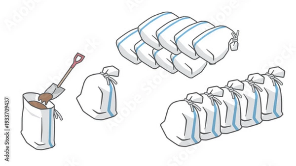 Obraz 防災用土嚢にの作り方と積み方を描いたベクターイラスト