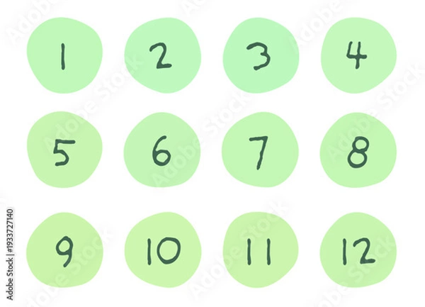 Obraz ラフな円形の数字アイコン　手描き風　グリーン