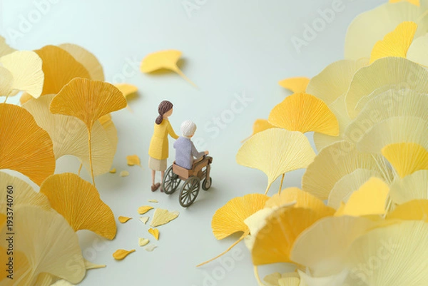 Obraz 黄葉の銀杏に包まれた車椅子と介護士の優しい世界