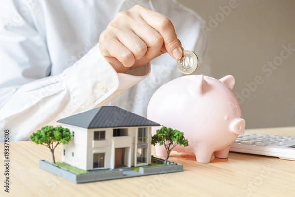 Obraz 家の模型と貯金箱　住宅購入や住宅ローンのイメージ素材