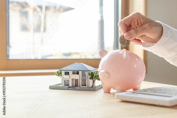 Obraz 家の模型と貯金箱　住宅購入や住宅ローンのイメージ素材