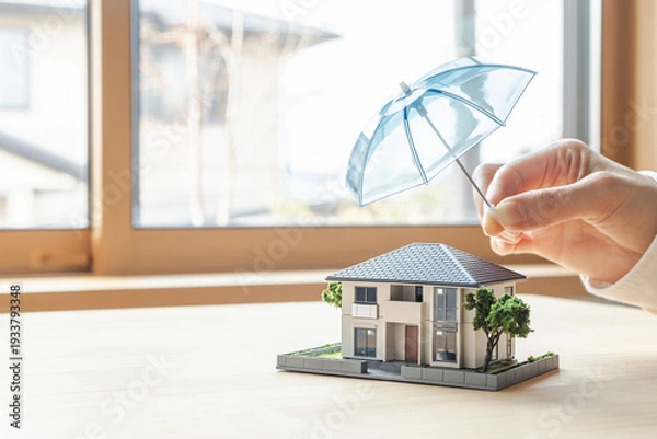 Obraz  傘で安全に守られる家の模型　住宅の火災保険や地震保険　家のセキュリティ