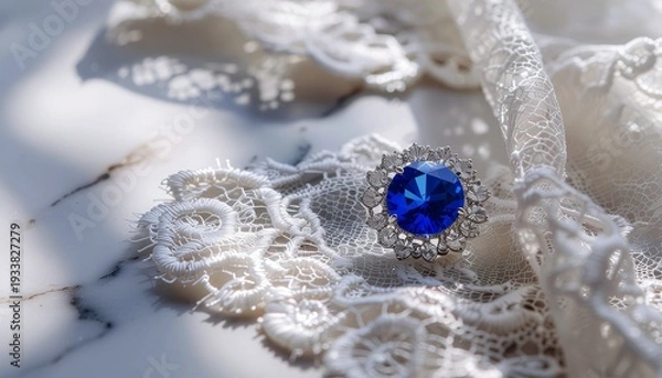 Obraz ジューンブライドを彩るサムシングブルーのサファイアブローチとレースの背景