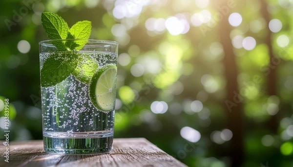 Obraz ヘルシーで清潔感あふれるハーブウォーターのクローズアップと自然な輝き