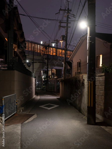 Obraz 街灯に照らされた住宅街の路地
