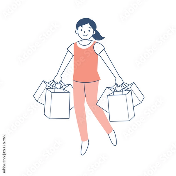 Obraz 多数のショッピングバッグを持って歩く若い女性