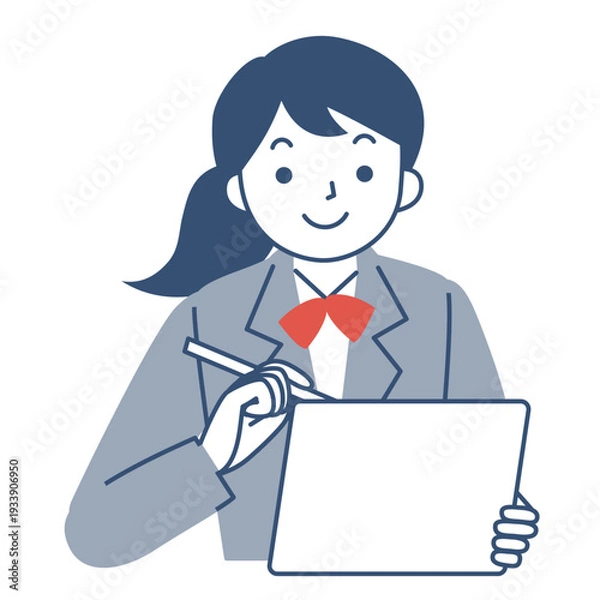 Obraz タブレットを使って勉強をする女子学生の上半身