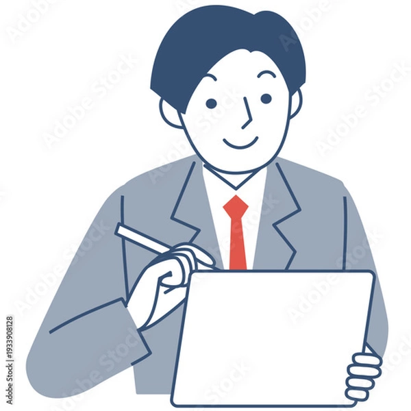 Obraz タブレットを使って勉強をする男子学生の上半身