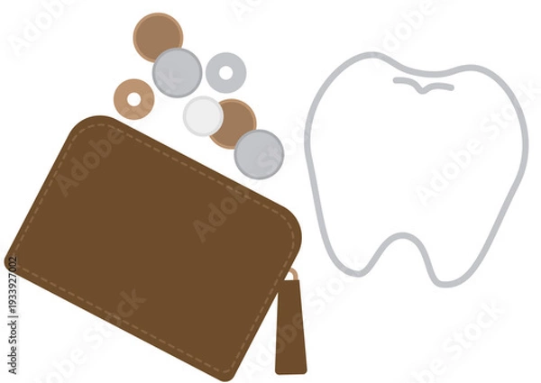 Obraz 歯科治療費や自費診療のイメージの歯と財布のイラスト素材
