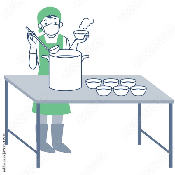 Obraz 大きな鍋から料理をよそう女性