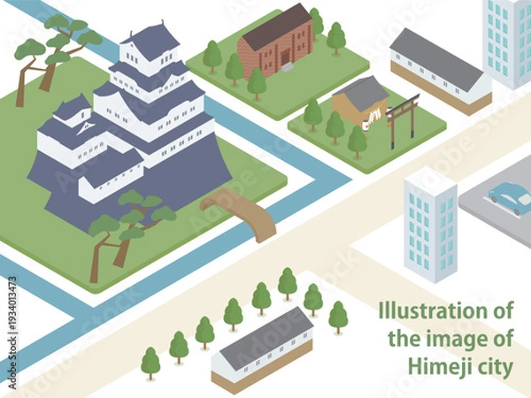 Obraz 新緑の姫路城と姫路の街のアイソメトリックイラスト