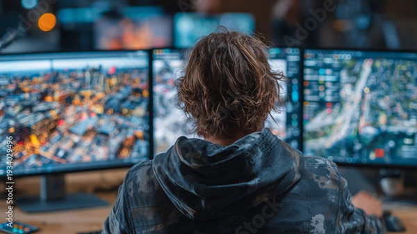 Obraz 複数モニターでデータを監視するオペレーター｜サイバーセキュリティの分析シーン