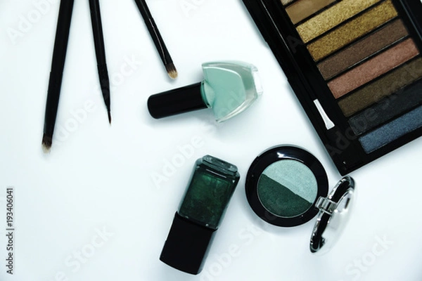 Fototapeta Make up brush and cosmetics isolated on white background.