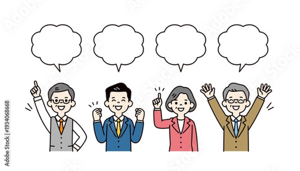 Obraz 吹き出しと、元気な複数の中高年男女の社長・経営者・投資家の上半身ベクターイラスト素材セット